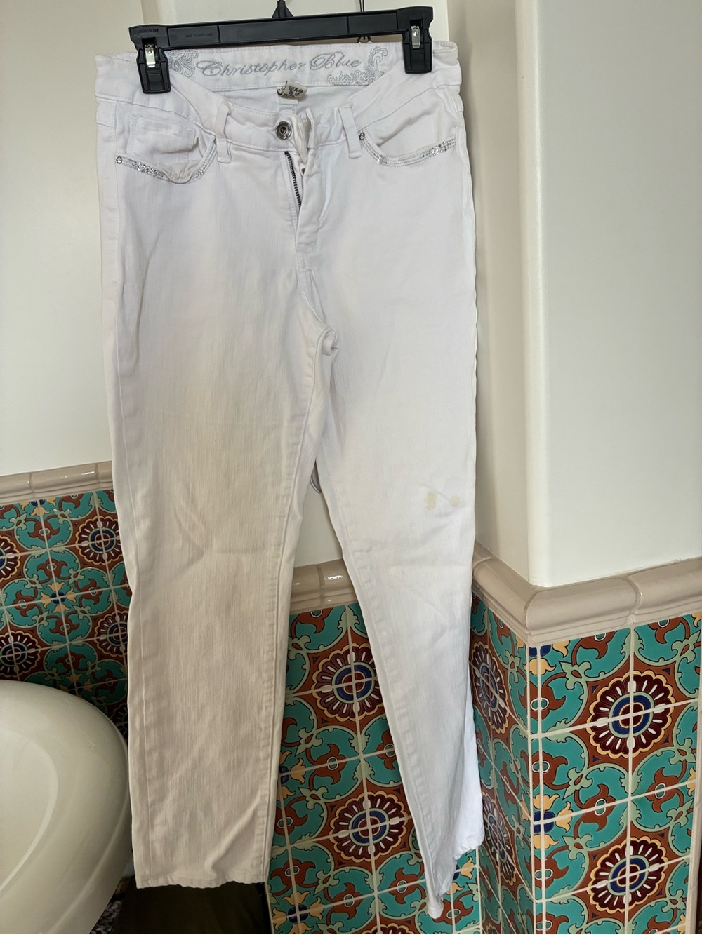 Christopher Blue White Skinny Jeans with Rhinestone Trim